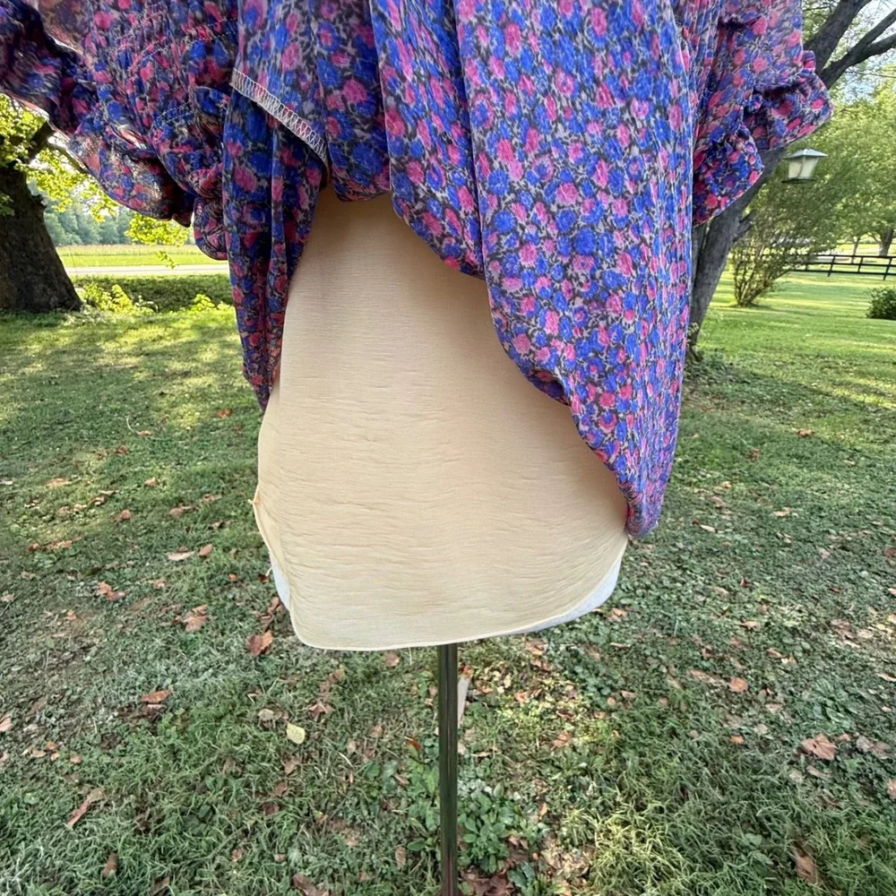Anthropologie Deletta Floral Smocked Ruffle Blouse Pink Blue Short Sleeve Small